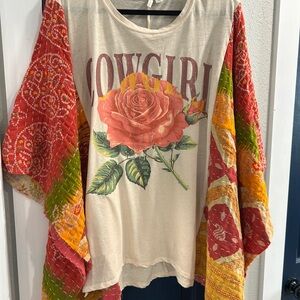 Cowgirl Rose Print Top with Kantha Sleeves